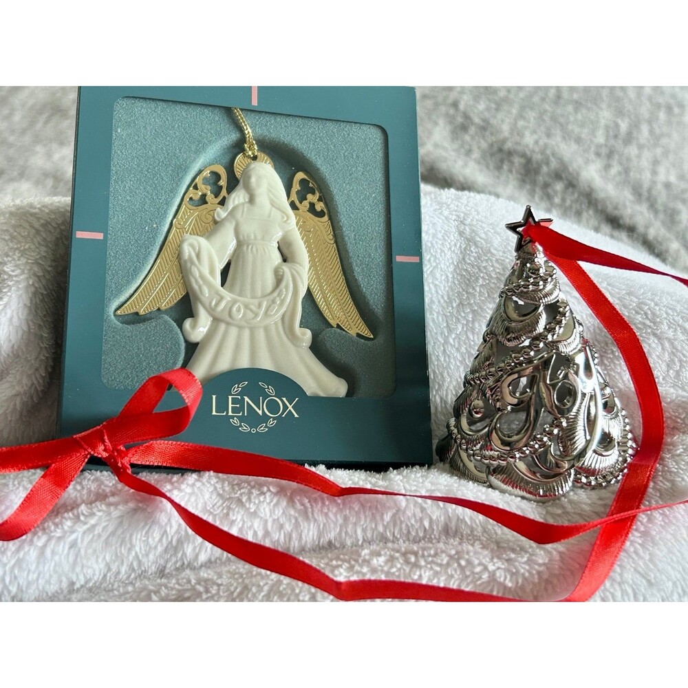 Lenox Laurels Joy Porcelain Angel and Lenox Joy Silver Christmas Tree Ornaments